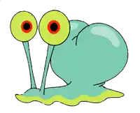 a cartoon drawing of a green snail with big eyes