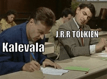 kalevala and j.r.r. tolkien are sitting at a table writing on a piece of paper