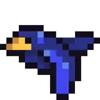 it is a pixel art of a blue bird with a yellow beak .