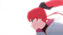 a girl with red hair is holding a sword in her right hand .
