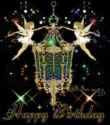 a happy birthday greeting card with a lantern and two fairies