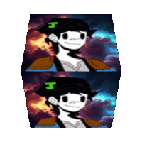 a cartoon character with a green letter j on his head