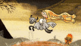 a cartoon drawing of a woman riding a sheep with the number 3 on her head