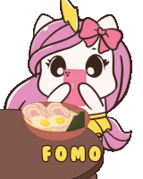 a cartoon of a unicorn taking a picture of a bowl of food