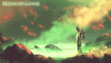 a painting of a man standing on a rock with the words made with audioship underneath