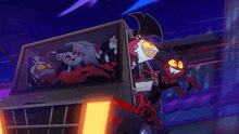 a group of cartoon characters are riding in the back of a truck .