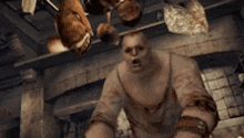 a zombie is standing in a room with meat hanging from the ceiling .