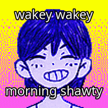 a pixel art of a boy with the words wakey wakey morning shawty