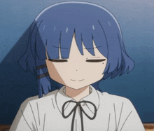 a girl with blue hair is wearing a white shirt and a black bow tie
