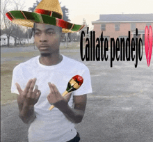 a man wearing a sombrero and holding a maraca with the words callate pendejo written above him