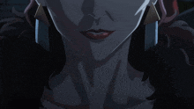 a close up of a woman 's face with earrings and red lips
