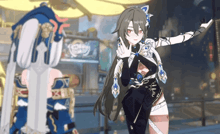 a girl with long hair is standing in front of a building