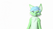 a green and white furry character with blue hair reaches out his hand