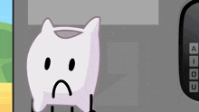 a cartoon character with a sad face is standing next to a button that says " a "