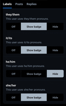 a screenshot of labels posts replies and show badges