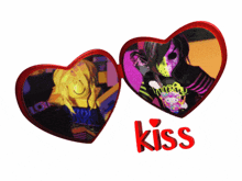two hearts with the word kiss in red