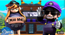 a man and a woman are standing in front of a coffee shop holding signs that say kill me