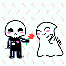 a cartoon of a skeleton giving a flower to a ghost with hearts around them