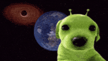 a green dog stands in front of the earth and a black hole
