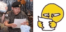 a man in a military uniform is reading a piece of paper next to a cartoon of a man reading a piece of paper .