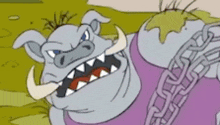 a cartoon pig with horns and a chain around its neck is looking at the camera .
