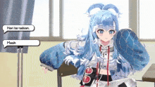 a girl with blue hair and a speech bubble that says hari ke-sebian and masih