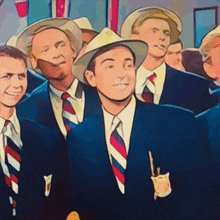 a group of men wearing suits and hats are standing together