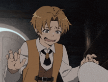 a man in a vest and tie with the letter o on his chest