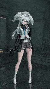 a girl with white hair is holding a gun in her hand