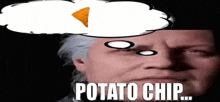 a man is thinking about a potato chip with a thought bubble above his head .