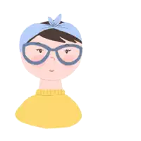 a girl wearing glasses and a yellow sweater is pointing at the word ebay on a white background