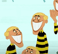 a group of cartoon characters wearing yellow and black striped shirts are laughing