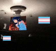 a picture of a girl with blue hair and a transgender flag