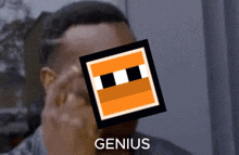 a man is covering his face with a square that says genius on it