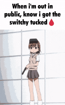 a girl holding a gun with the words " when i 'm out in public know i got the switchy tucked "