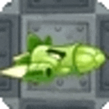 a green rocket is flying through a square in a pixel art .