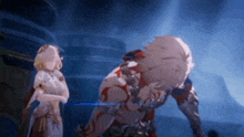 a woman is standing next to a monster in a video game