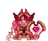 a cookie run character is holding a heart shaped shield and wearing a helmet with wings .