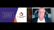 a man wearing headphones is talking on a video call with the words " the golden rule " behind him