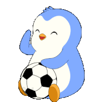 a blue penguin is holding a soccer ball in its paws