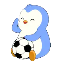 a blue penguin is holding a soccer ball in its paws