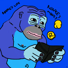 a cartoon of a gorilla holding a wallet with the words " ronkey 's money " written above it