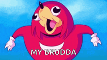 a cartoon of a red knuckles with the words `` my brudda '' written on the bottom .