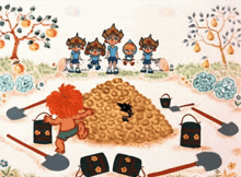 a cartoon drawing of a group of children standing around a pile of cookies