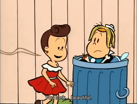 Tubby flirting with Little Lulu from inside a bin