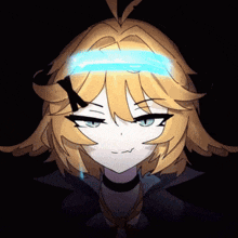 a drawing of a girl with yellow hair and a blue halo around her head
