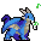 a pixel art drawing of a blue goat with a green leaf in its mouth