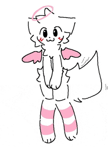 a white cat with pink wings and a halo on its head is wearing pink and white striped socks .