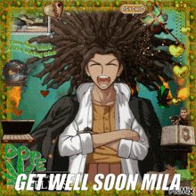 a picture of a man with his arms crossed and the words get well soon mila on the bottom