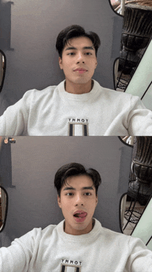a young man wearing a tommy hilfiger sweater makes a funny face